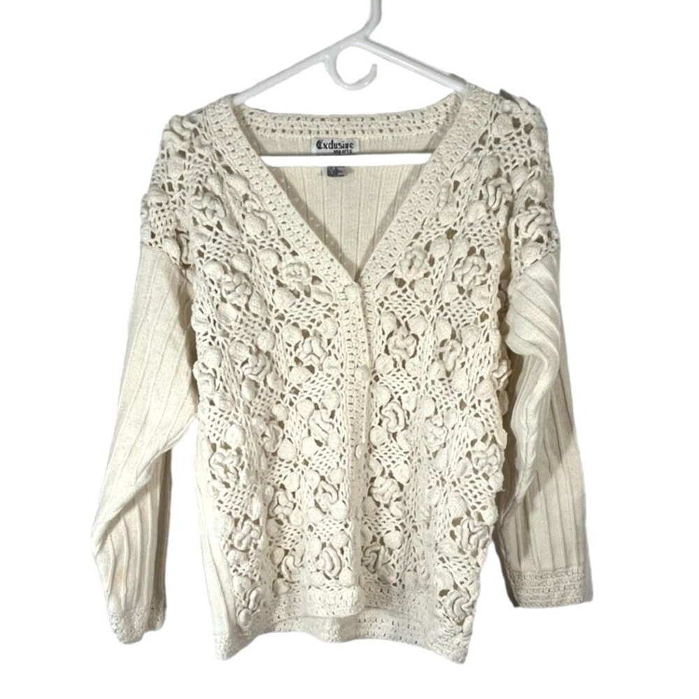 Exclusive Imports Women's‎ Ivory Crochet Cardigan Sweater OVERSIZED Small